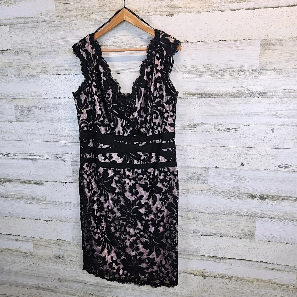 Tadashi Shoji Black Lace Overlay Cocktail Dress 16 Elegant Romantic Sheath - Picture 3 of 14